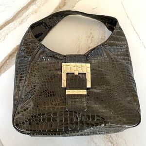 Michael Kors Purse Peninsula Hobo Bag Dark Brown Croc Patent Leather